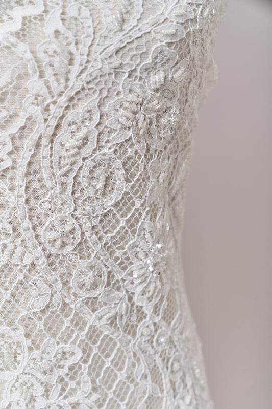 S0678 - Embroidered lace with off-white bugle, transparent rhinestones, and transparent sequins
