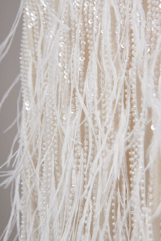 S0552 - EMBROIDERY TULLE WITH FEATHERS SEQUINS & BEADS