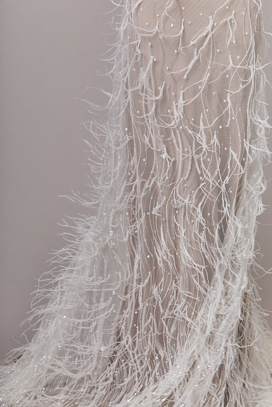 S0621 PLUMETI TULLE EMBROIDERED WITH FEATHERS, SEQUINS AND BEADS