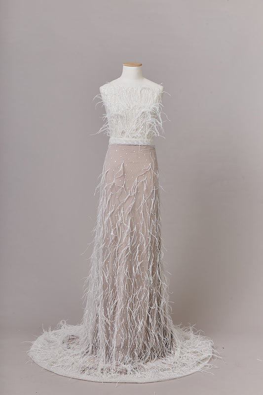 S0621 PLUMETI TULLE EMBROIDERED WITH FEATHERS, SEQUINS AND BEADS