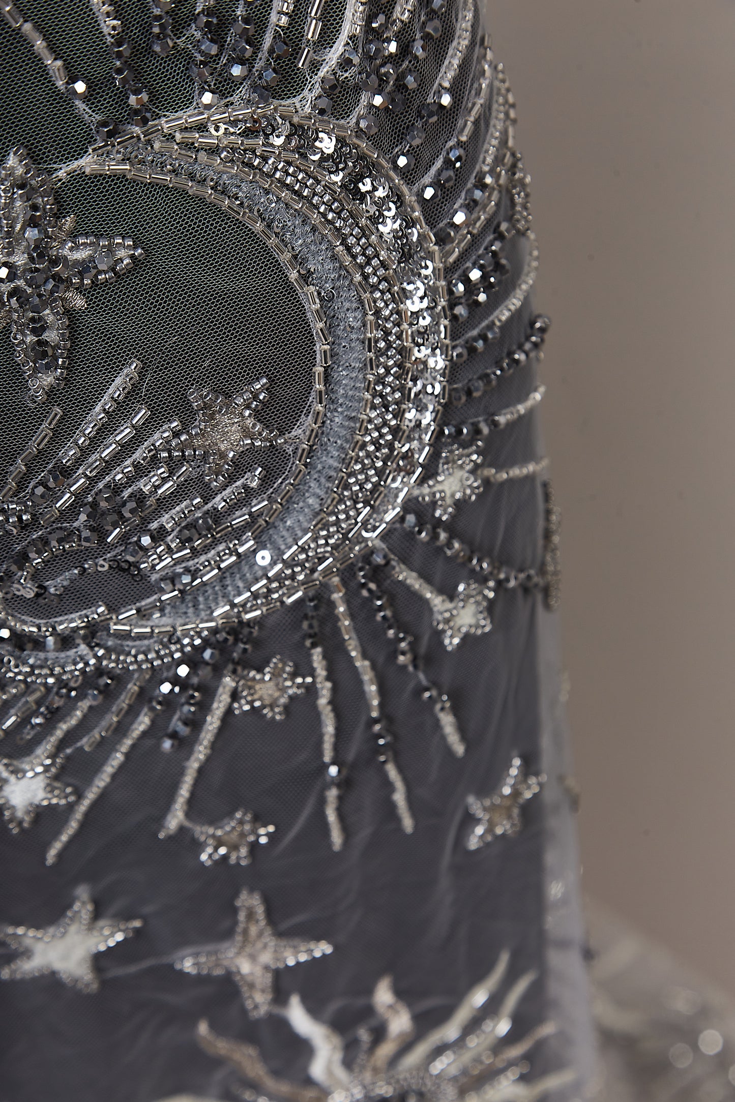 S0635 EMBROIDERED TULLE WITH SEQUINS AND BEADS IN PELTRE, SILVER AND OFF WHITE