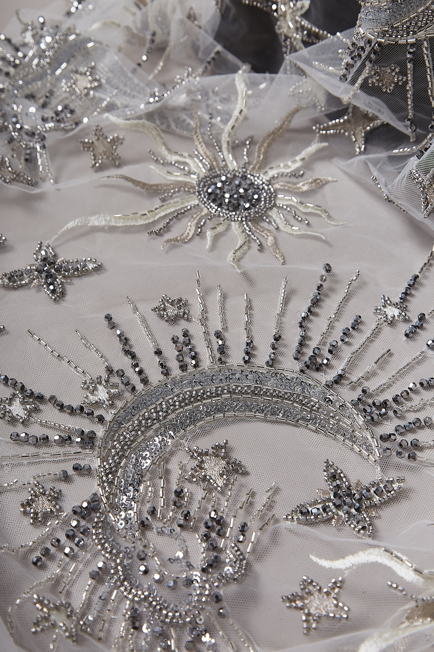 S0635 EMBROIDERED TULLE WITH SEQUINS AND BEADS IN PELTRE, SILVER AND OFF WHITE