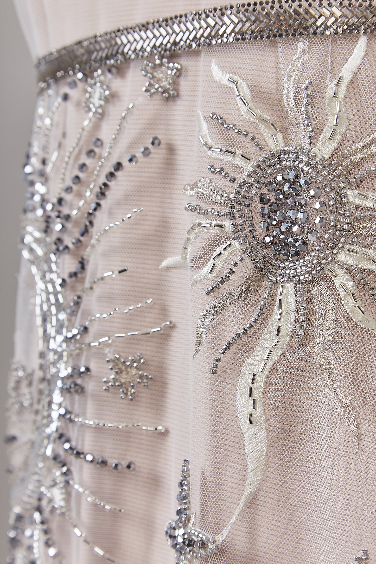 S0635 EMBROIDERED TULLE WITH SEQUINS AND BEADS IN PELTRE, SILVER AND OFF WHITE