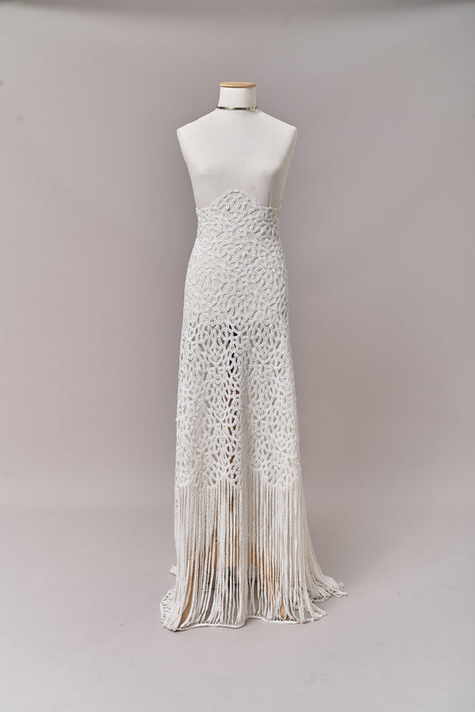 S0713 - Cotton guipure with fringe, embroidered with silver beads