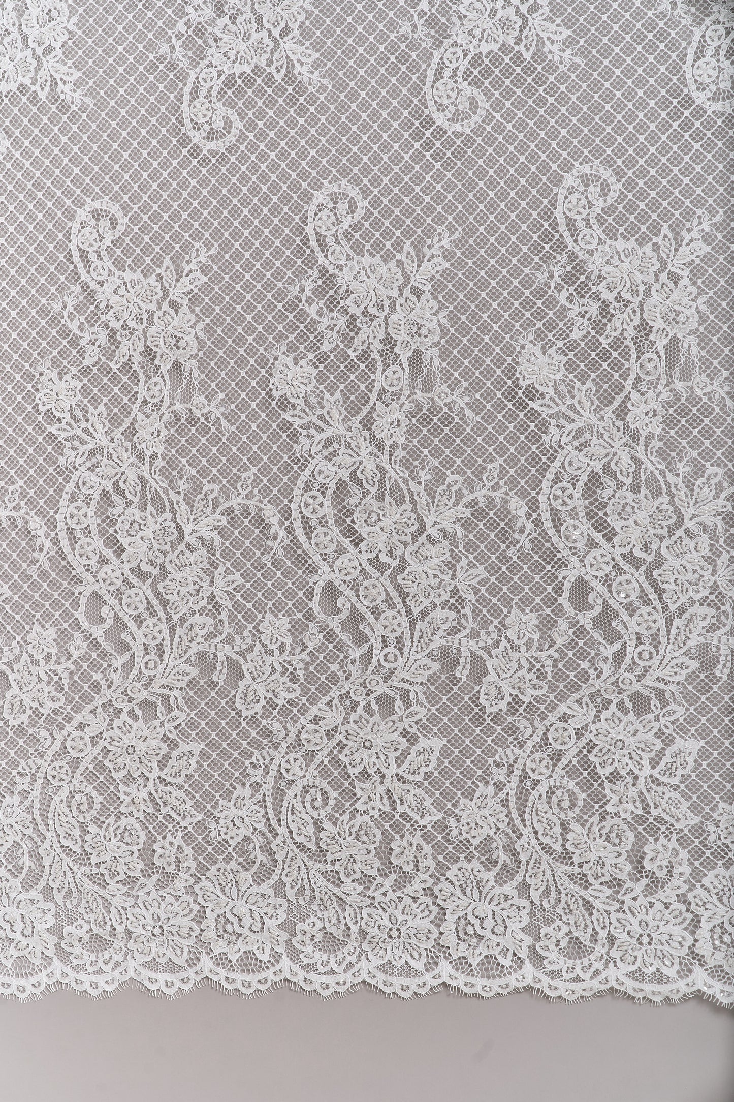 S0678 - Embroidered lace with off-white bugle, transparent rhinestones, and transparent sequins
