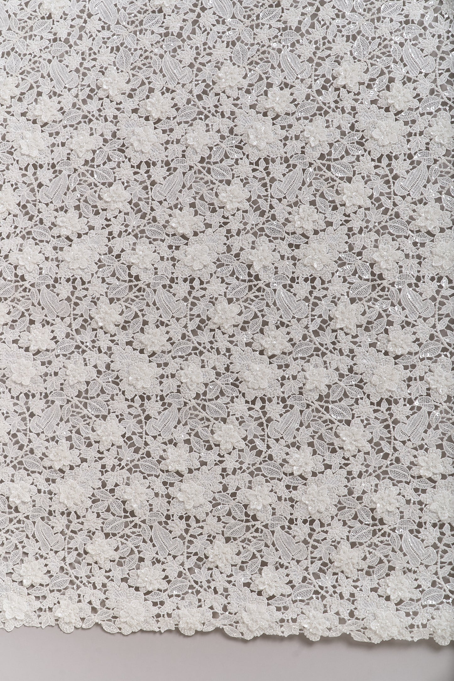 S0685 - Guipure embroidered with 3D flowers, off-white beads, transparent rhinestones, and transparent sequins
