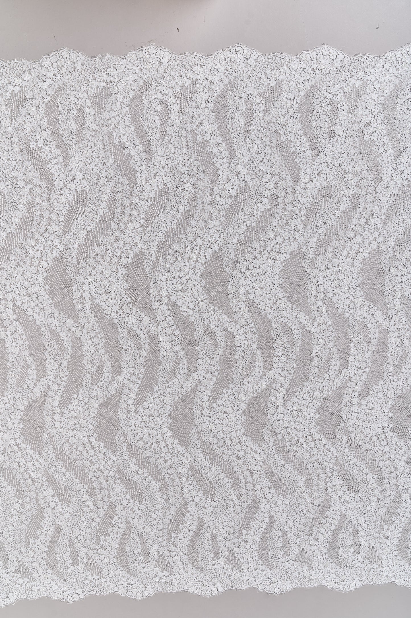 S0679 - Embroidered lace with off-white beads, long off-white bugle beads, and transparent sequins