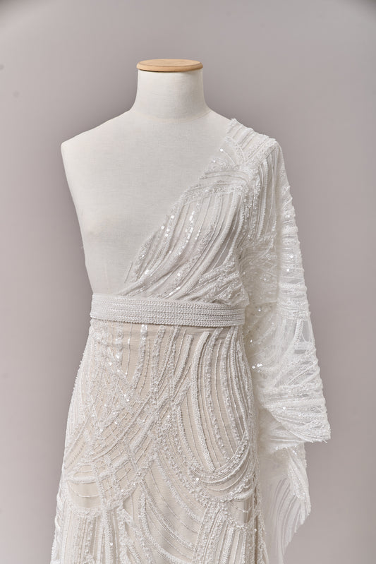 S0693 - Embroidered tulle with off-white beads and transparent sequins