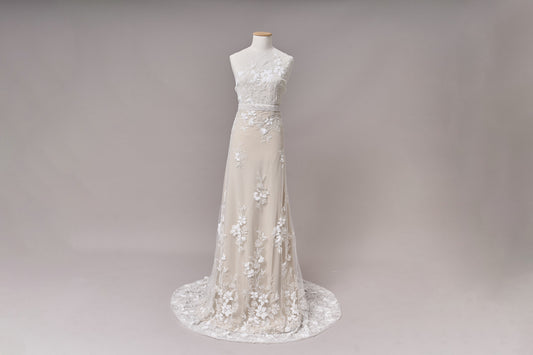 S0689 - Embroidered tulle with 3D chiffon flowers, off-white beads, and transparent sequins