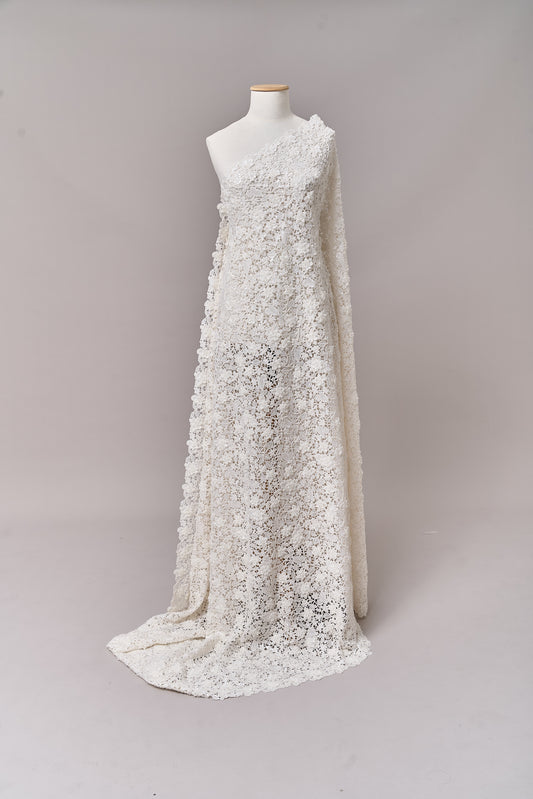 S0685 - Guipure embroidered with 3D flowers, off-white beads, transparent rhinestones, and transparent sequins