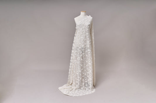 S0685 - Guipure embroidered with 3D flowers, off-white beads, transparent rhinestones, and transparent sequins