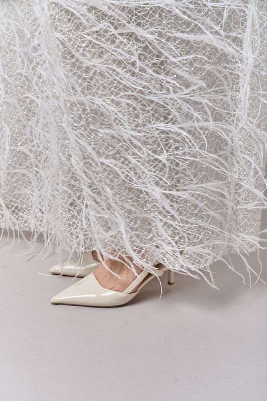 S0680 - Embroidered tulle with off-white and silver beads, transparent sequins, and real feathers