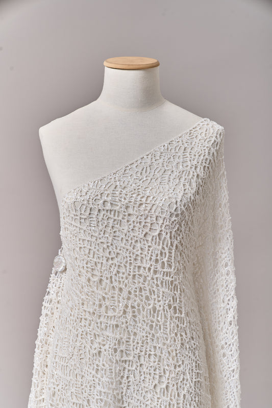 S0687 - Embroidered netting with matte off-white sequins and off-white beads