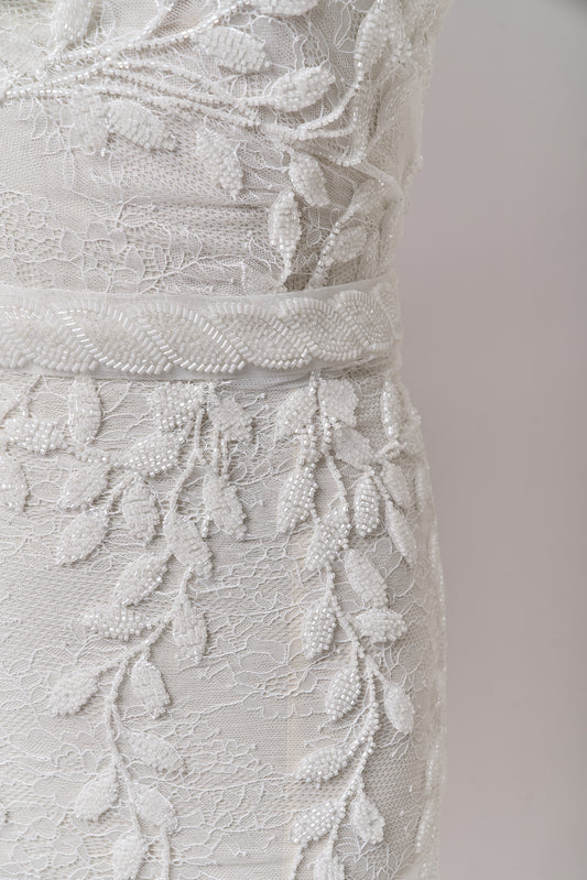 S0702 - Embroidered lace with off-white beads