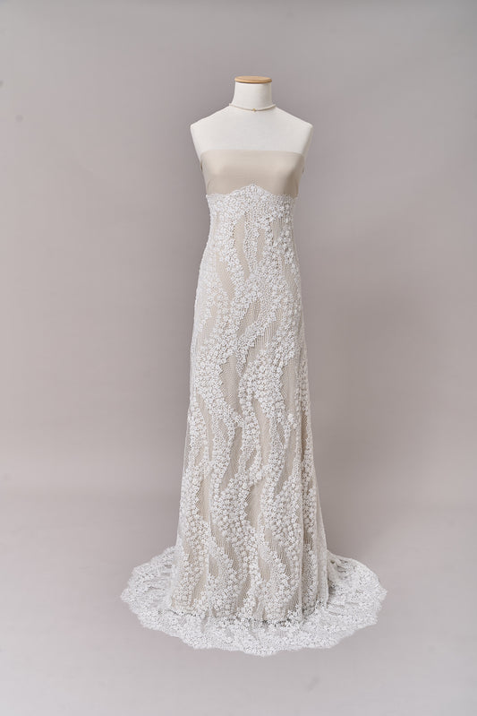 S0679 - Embroidered lace with off-white beads, long off-white bugle beads, and transparent sequins