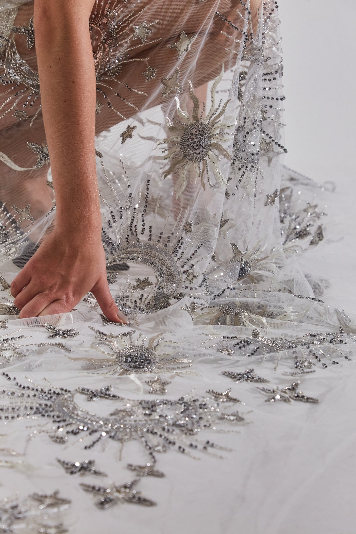 S0635 EMBROIDERED TULLE WITH SEQUINS AND BEADS IN PELTRE, SILVER AND OFF WHITE