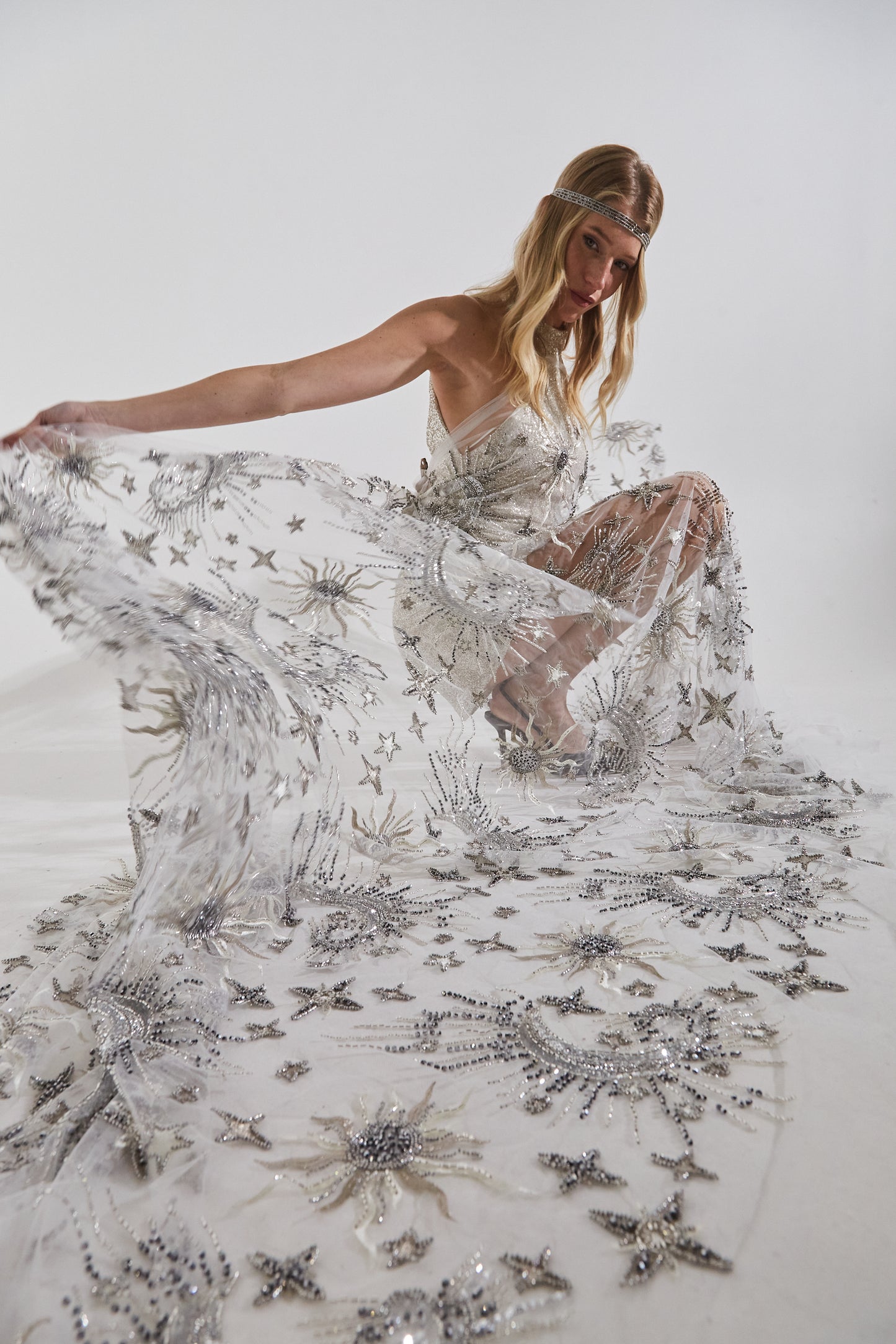 S0635 EMBROIDERED TULLE WITH SEQUINS AND BEADS IN PELTRE, SILVER AND OFF WHITE