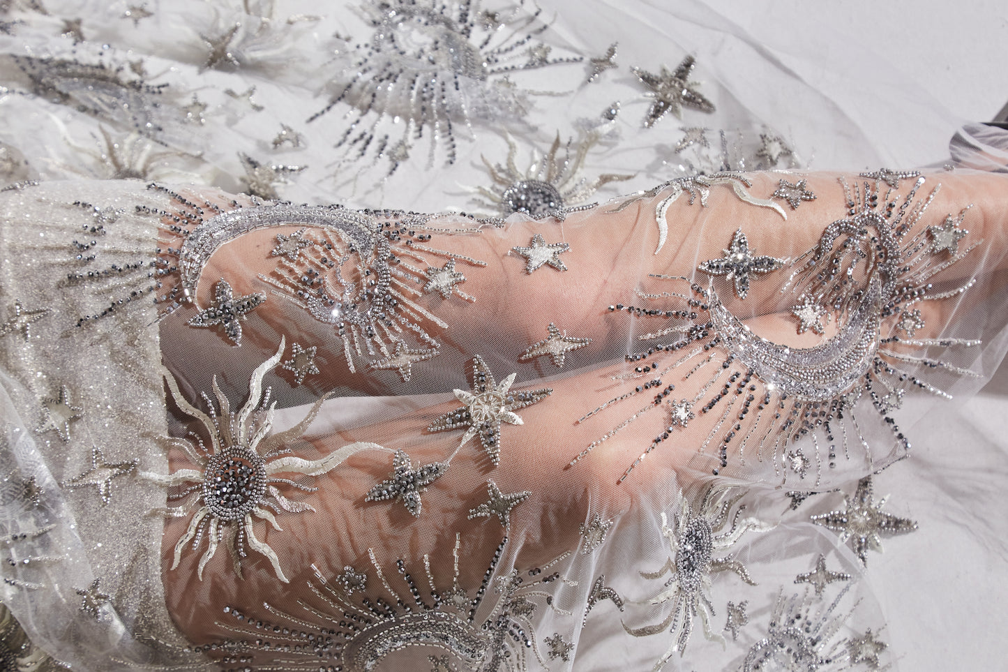 S0635 EMBROIDERED TULLE WITH SEQUINS AND BEADS IN PELTRE, SILVER AND OFF WHITE