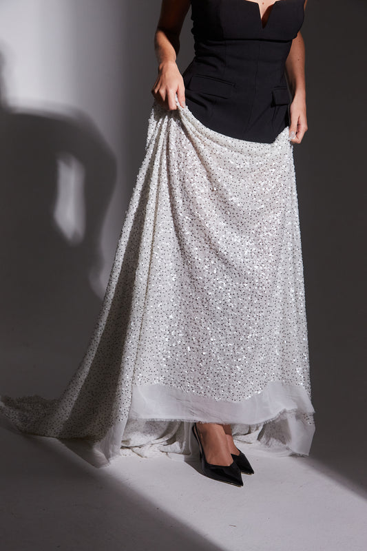 S0633 EMBROIDERED CHIFFON WITH SEQUINS AND BEADS IN PEWTER