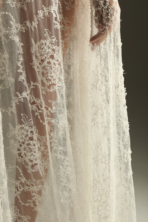 S0249 CHANTILLY EMBROIDERY LACE WITH BEADS (Sold by cloth)