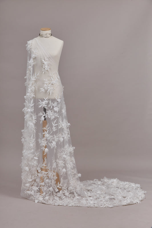 S0606 EMBROIDERY TULLE WITH 3D FLOWERS AND SILVER BEADS