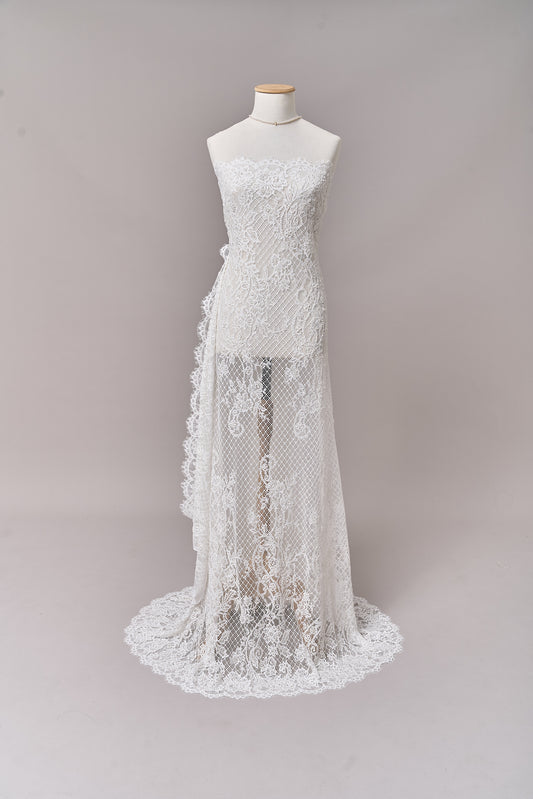 S0678 - Embroidered lace with off-white bugle, transparent rhinestones, and transparent sequins