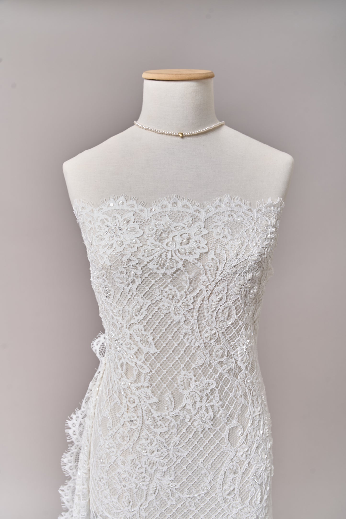 S0678 - Embroidered lace with off-white bugle, transparent rhinestones, and transparent sequins