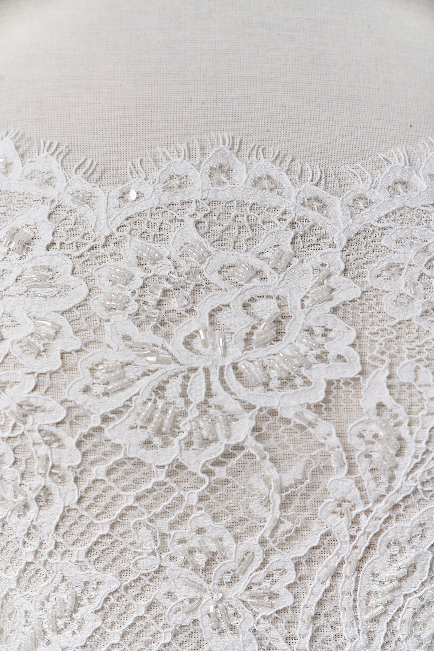 S0678 - Embroidered lace with off-white bugle, transparent rhinestones, and transparent sequins