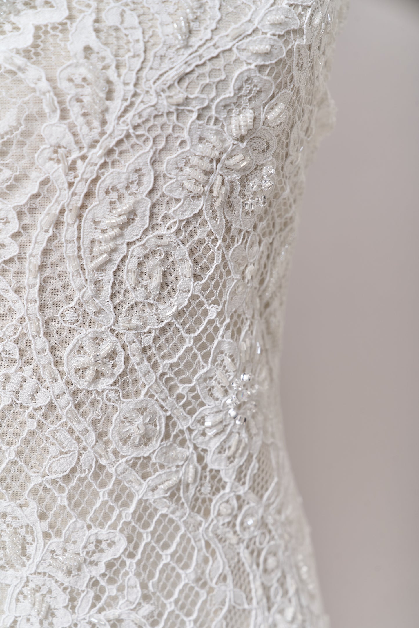 S0678 - Embroidered lace with off-white bugle, transparent rhinestones, and transparent sequins