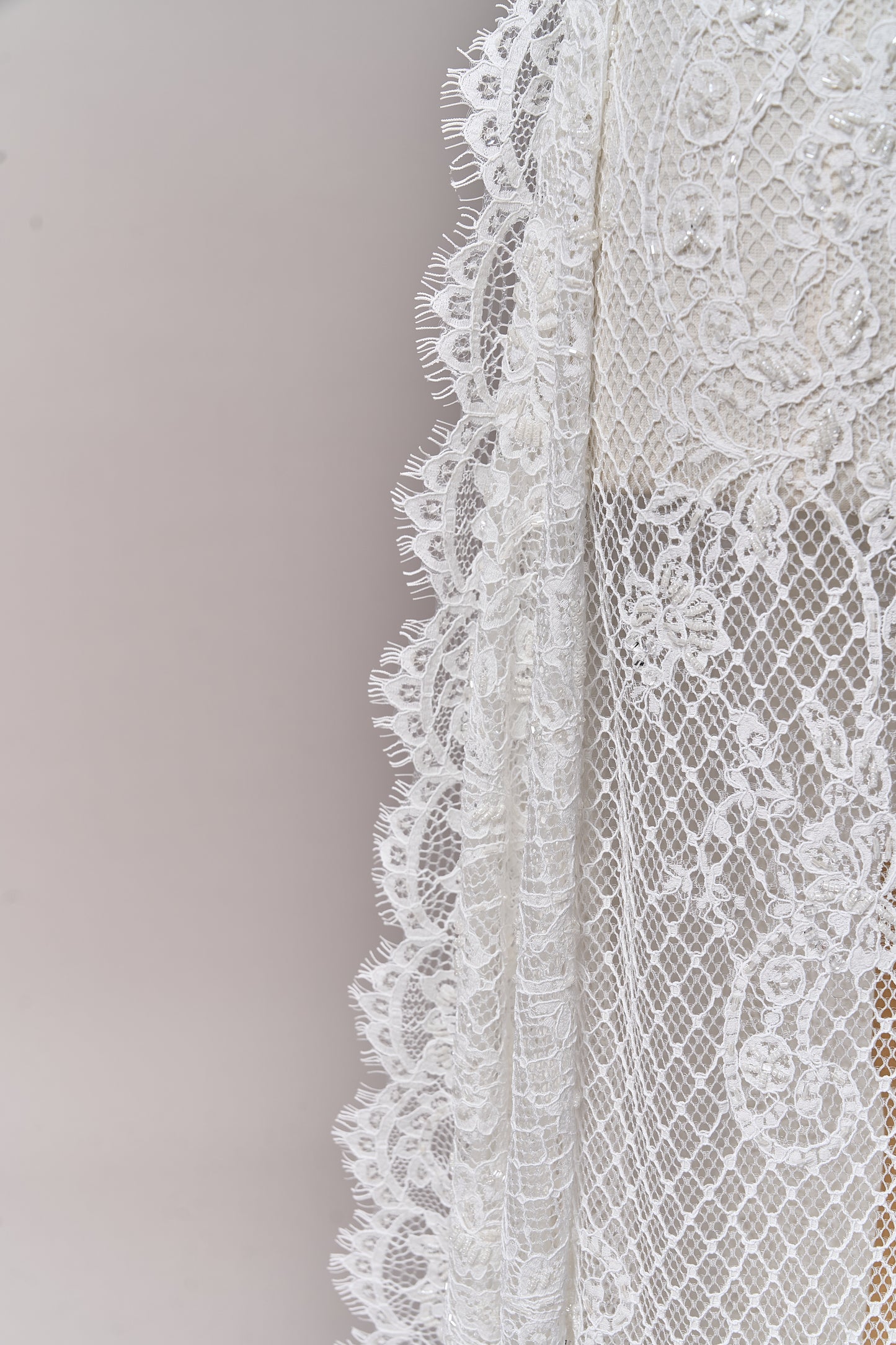 S0678 - Embroidered lace with off-white bugle, transparent rhinestones, and transparent sequins