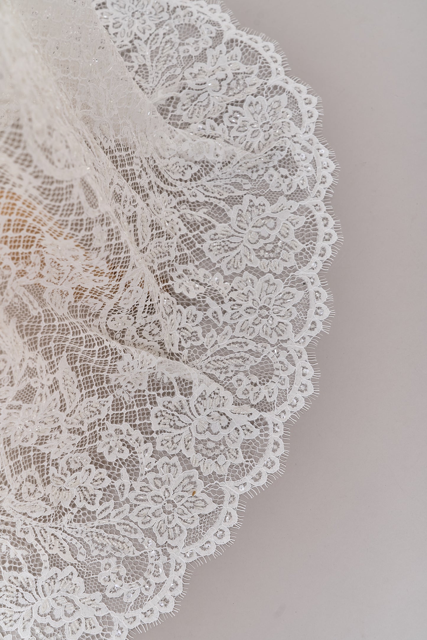 S0678 - Embroidered lace with off-white bugle, transparent rhinestones, and transparent sequins