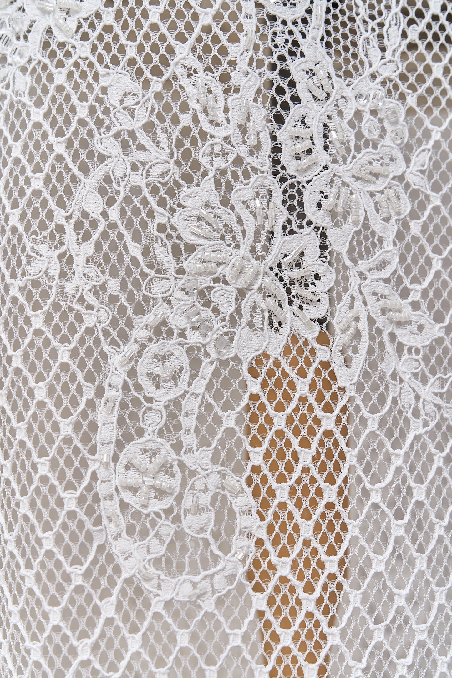 S0678 - Embroidered lace with off-white bugle, transparent rhinestones, and transparent sequins