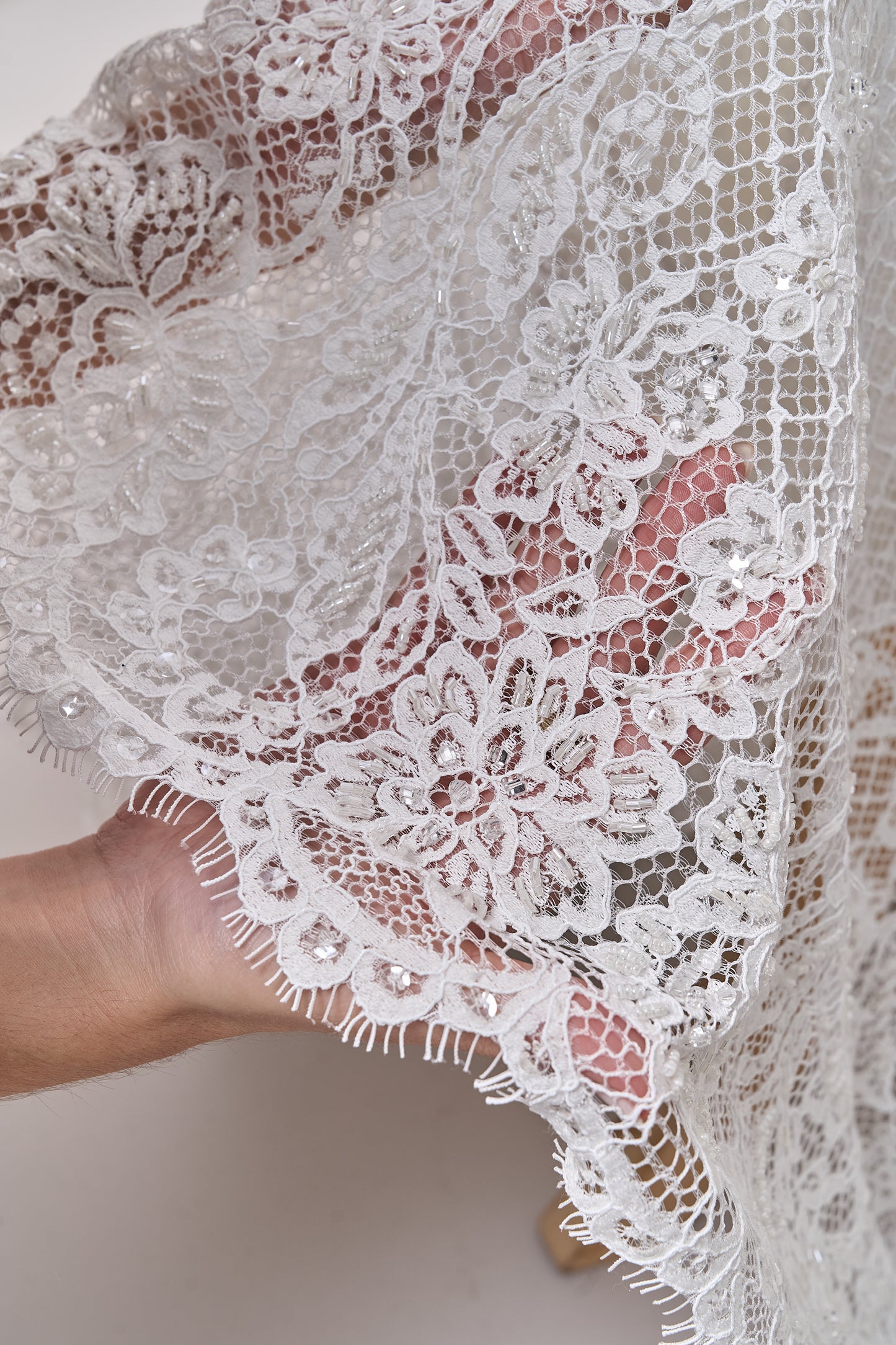 S0678 - Embroidered lace with off-white bugle, transparent rhinestones, and transparent sequins