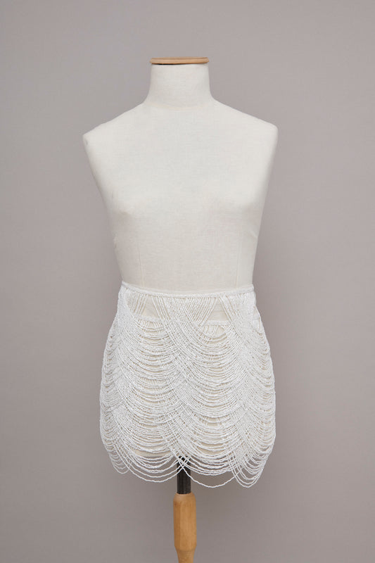 S0586 WHITE - EMBROIDERY TULLE WITH OFF WHITE BEADS