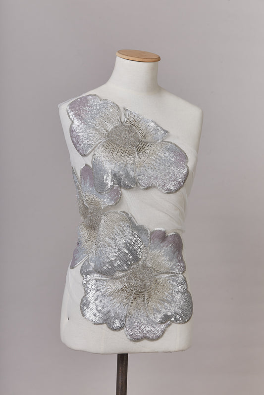 S0637 EMBROIDERED TULLE WITH SEQUINS AND BEADS IN SILVER AND OFF WHITE