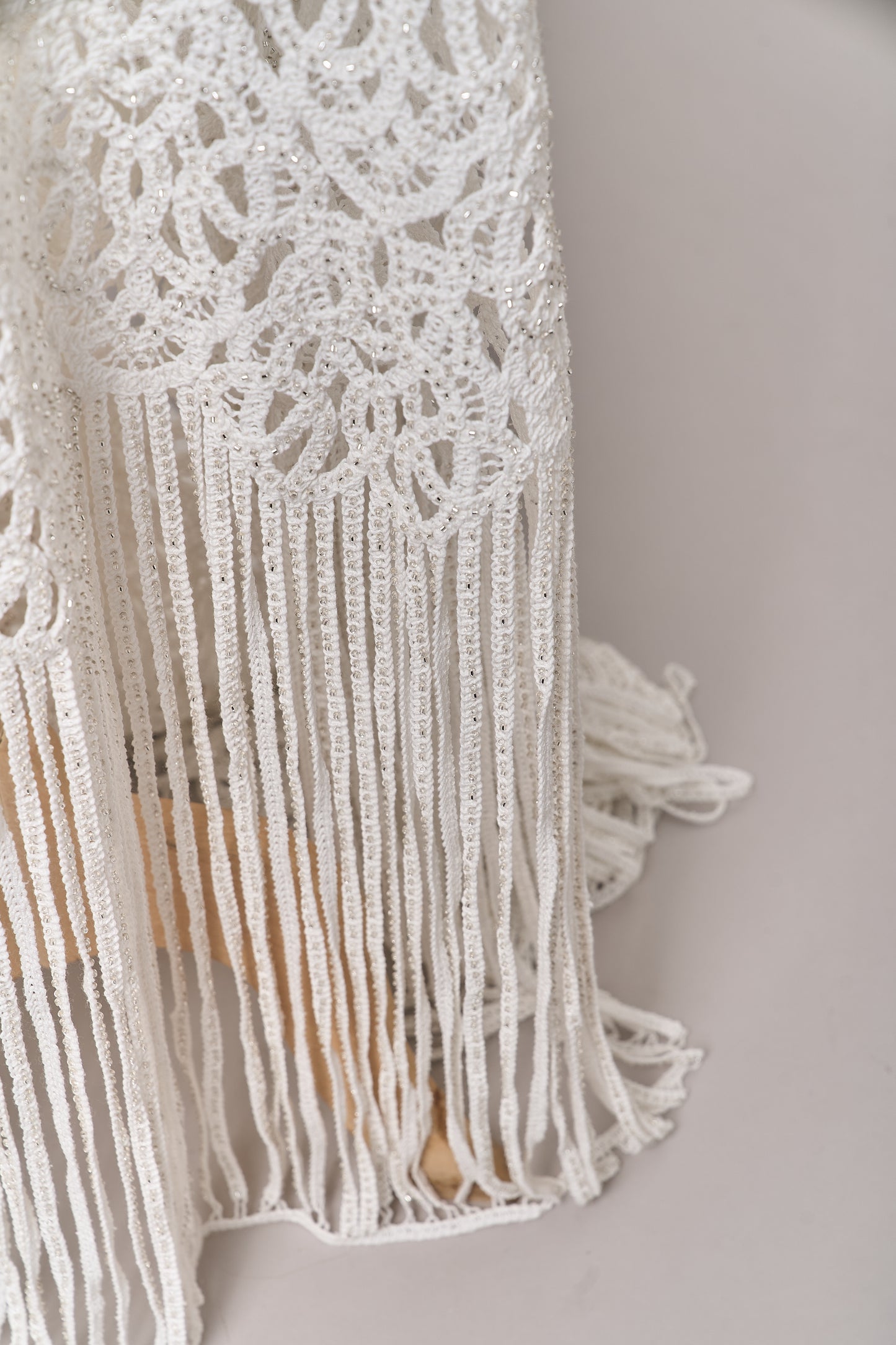 S0713 - Cotton guipure with fringe, embroidered with silver beads