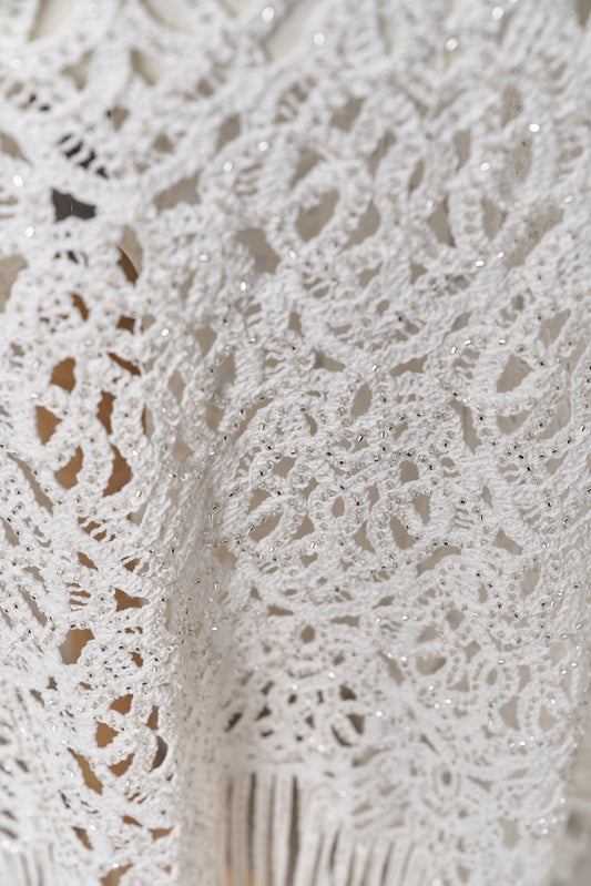 S0713 - Cotton guipure with fringe, embroidered with silver beads