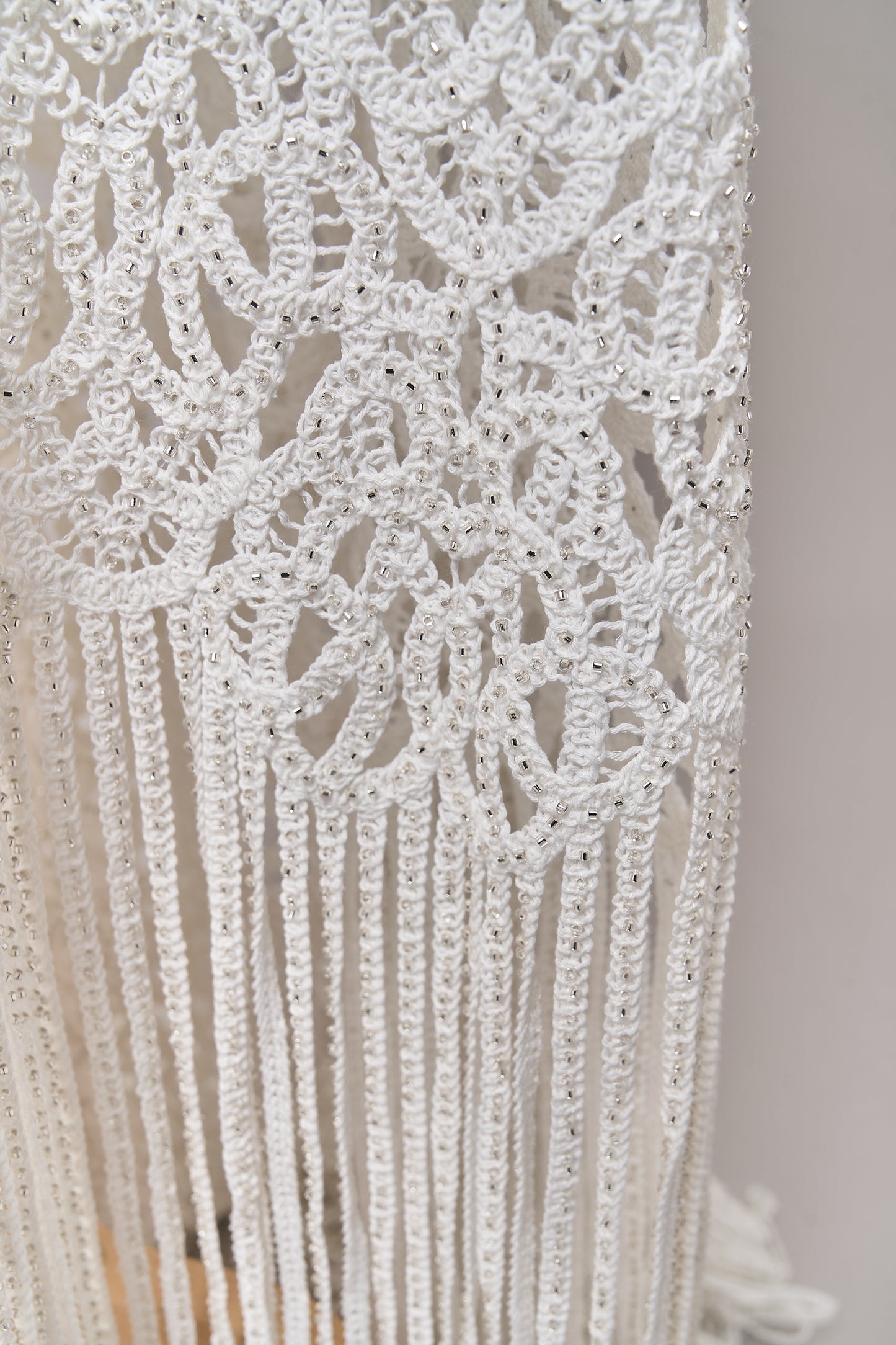 S0713 - Cotton guipure with fringe, embroidered with silver beads