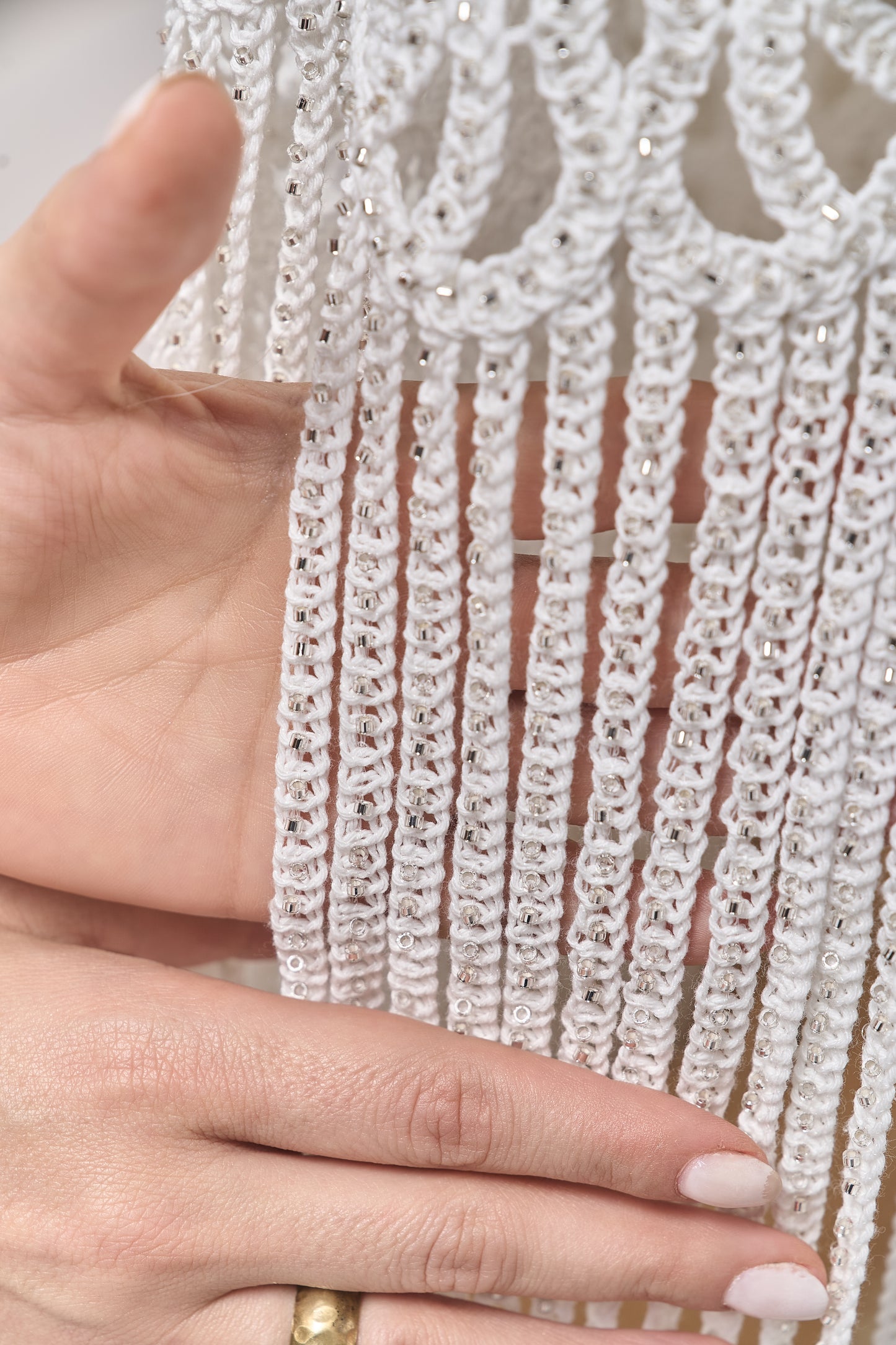 S0713 - Cotton guipure with fringe, embroidered with silver beads