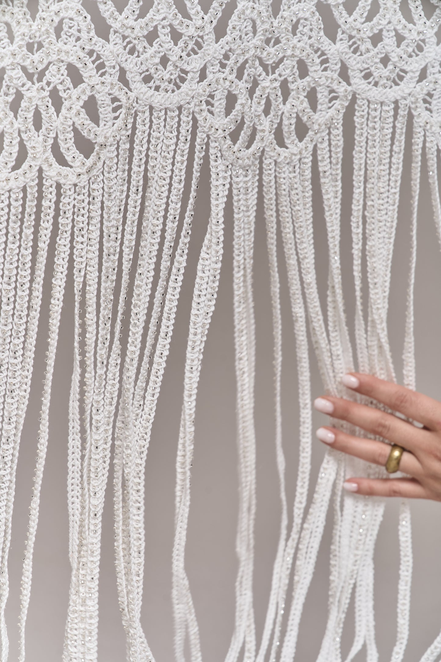S0713 - Cotton guipure with fringe, embroidered with silver beads