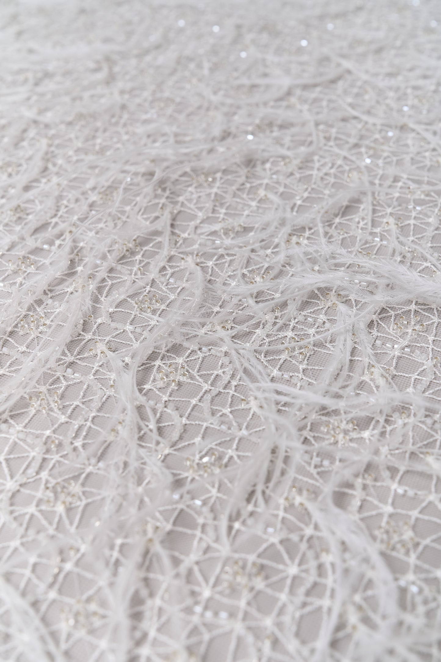 S0680 - Embroidered tulle with off-white and silver beads, transparent sequins, and real feathers