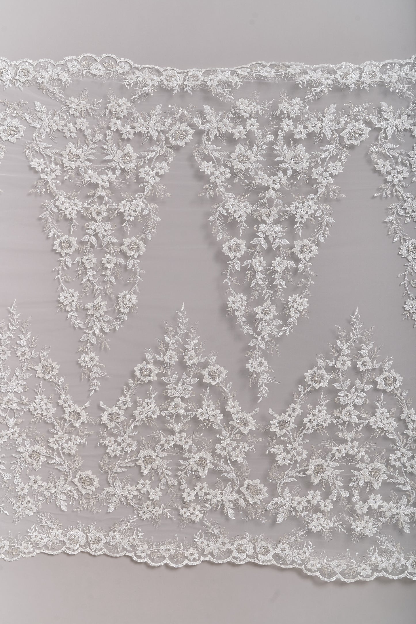 S0694 - Embroidered tulle with silver lurex, off-white beads, and transparent sequins