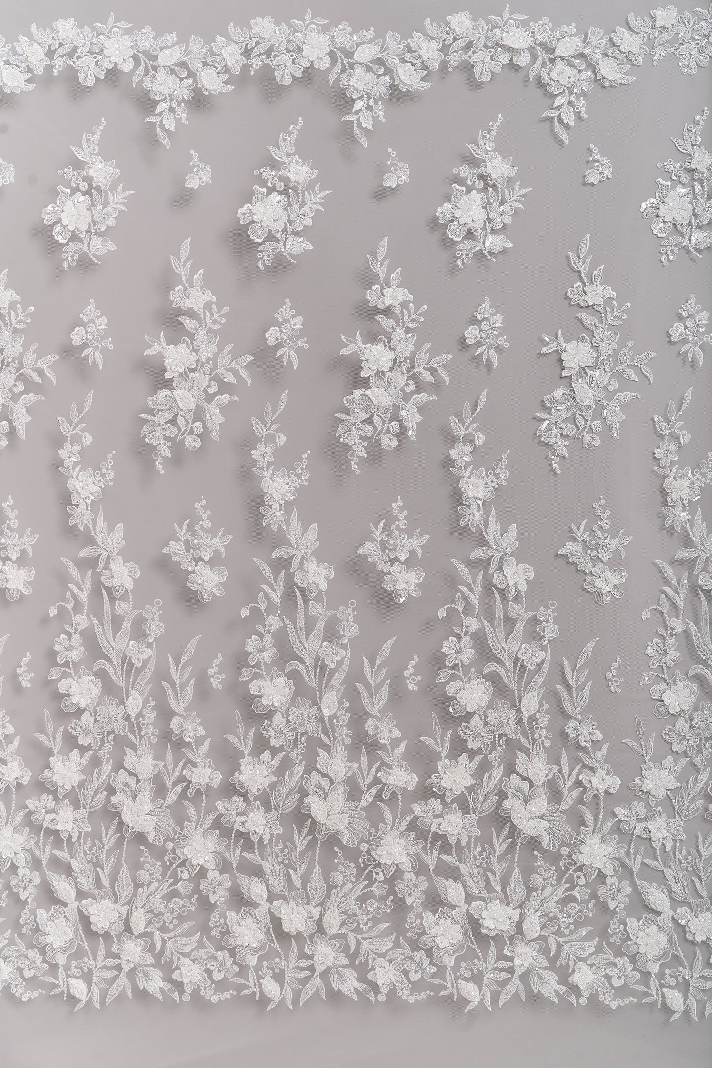 S0683 - Embroidered tulle with 3D flowers, off-white beads, transparent and silver sequins