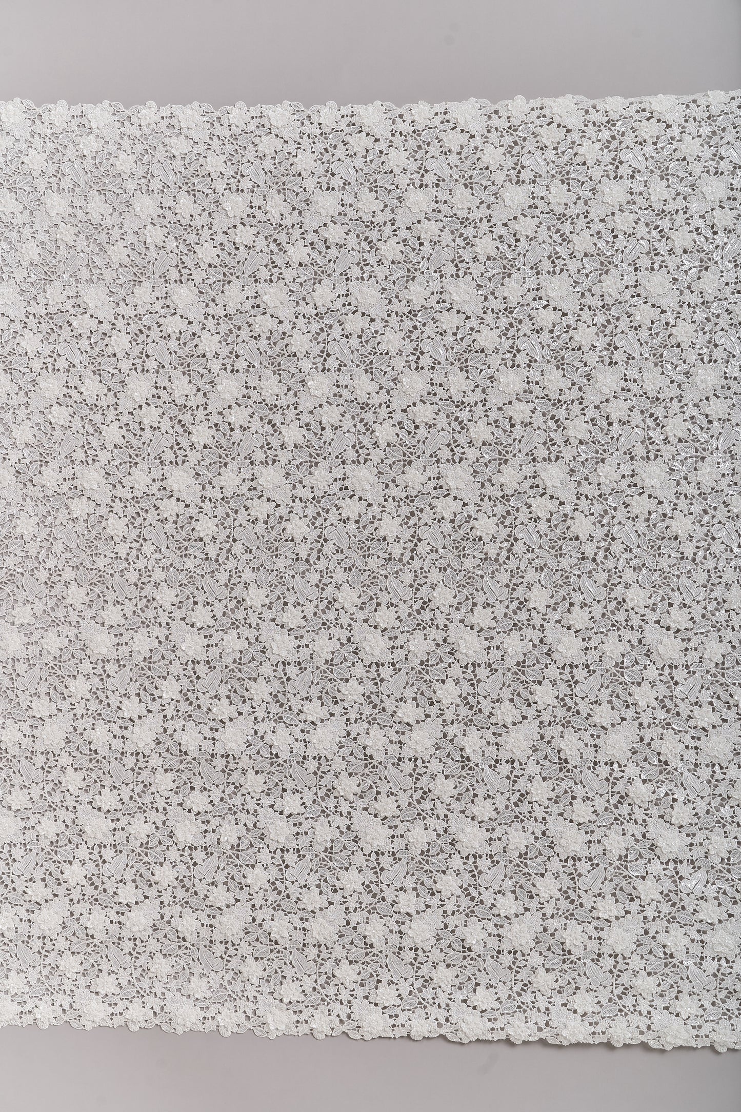 S0685 - Guipure embroidered with 3D flowers, off-white beads, transparent rhinestones, and transparent sequins