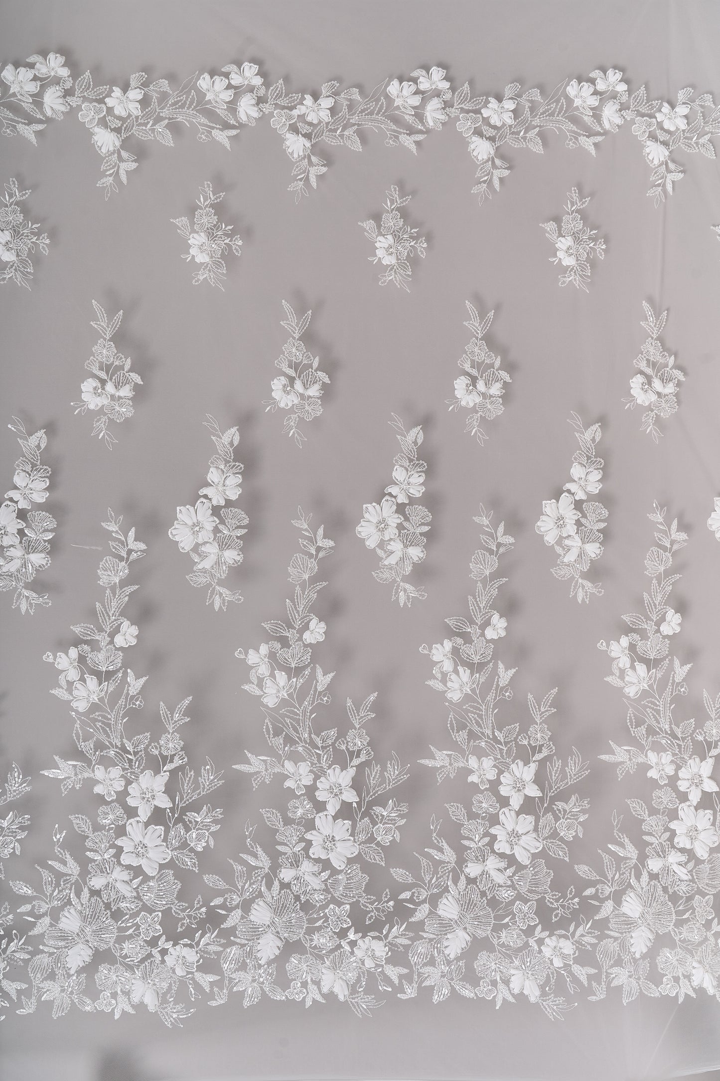 S0689 - Embroidered tulle with 3D chiffon flowers, off-white beads, and transparent sequins