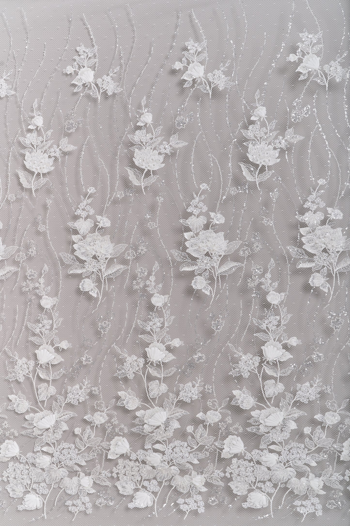 684 - Embroidered netting with 3D chiffon flowers, off-white beads, transparent and silver sequins