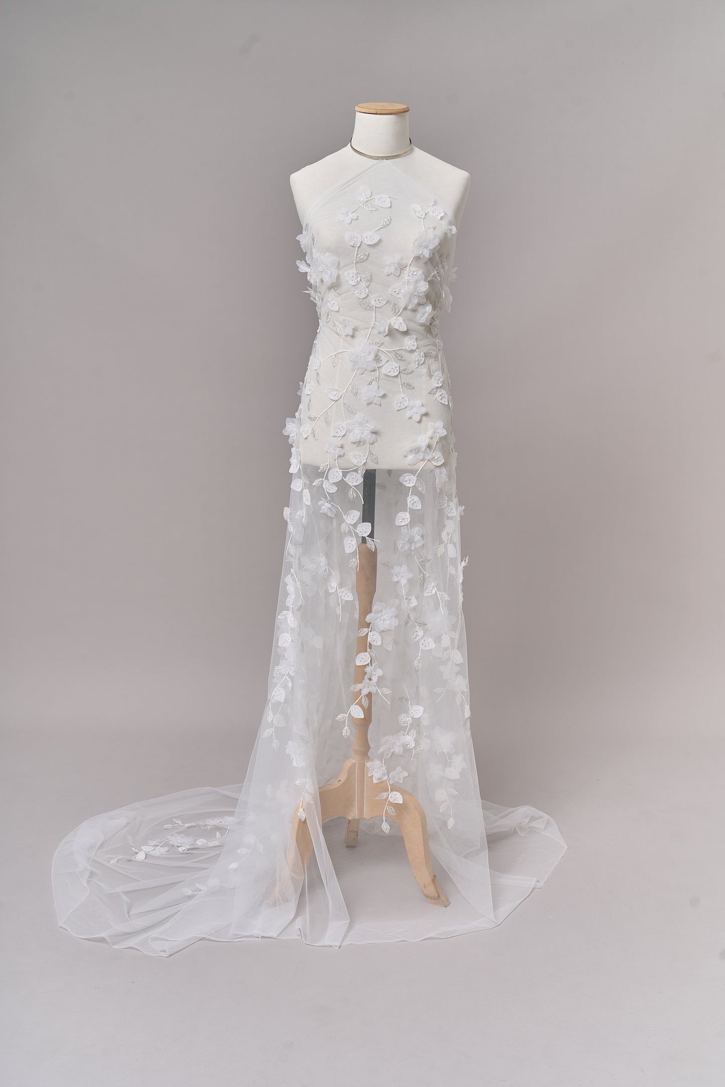S0699 - Embroidered tulle with 3D organza flowers, 3D chiffon leaves, silver lurex thread, off-white beads, and transparent rhinestones