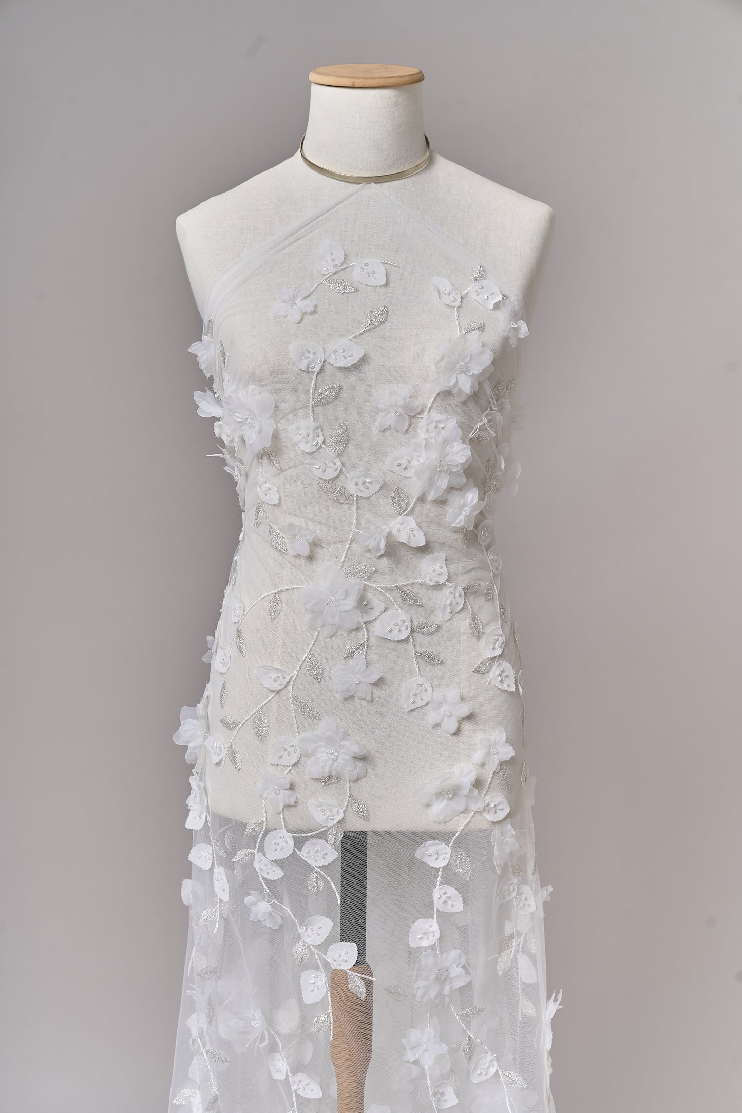 S0699 - Embroidered tulle with 3D organza flowers, 3D chiffon leaves, silver lurex thread, off-white beads, and transparent rhinestones