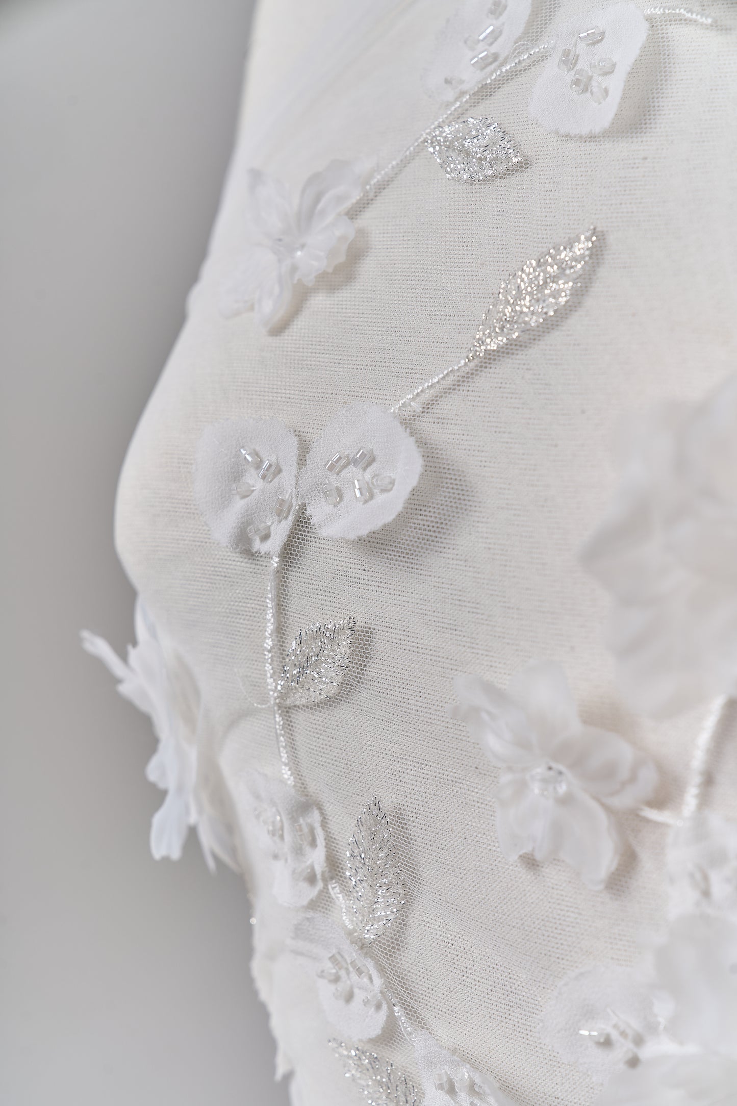 S0699 - Embroidered tulle with 3D organza flowers, 3D chiffon leaves, silver lurex thread, off-white beads, and transparent rhinestones