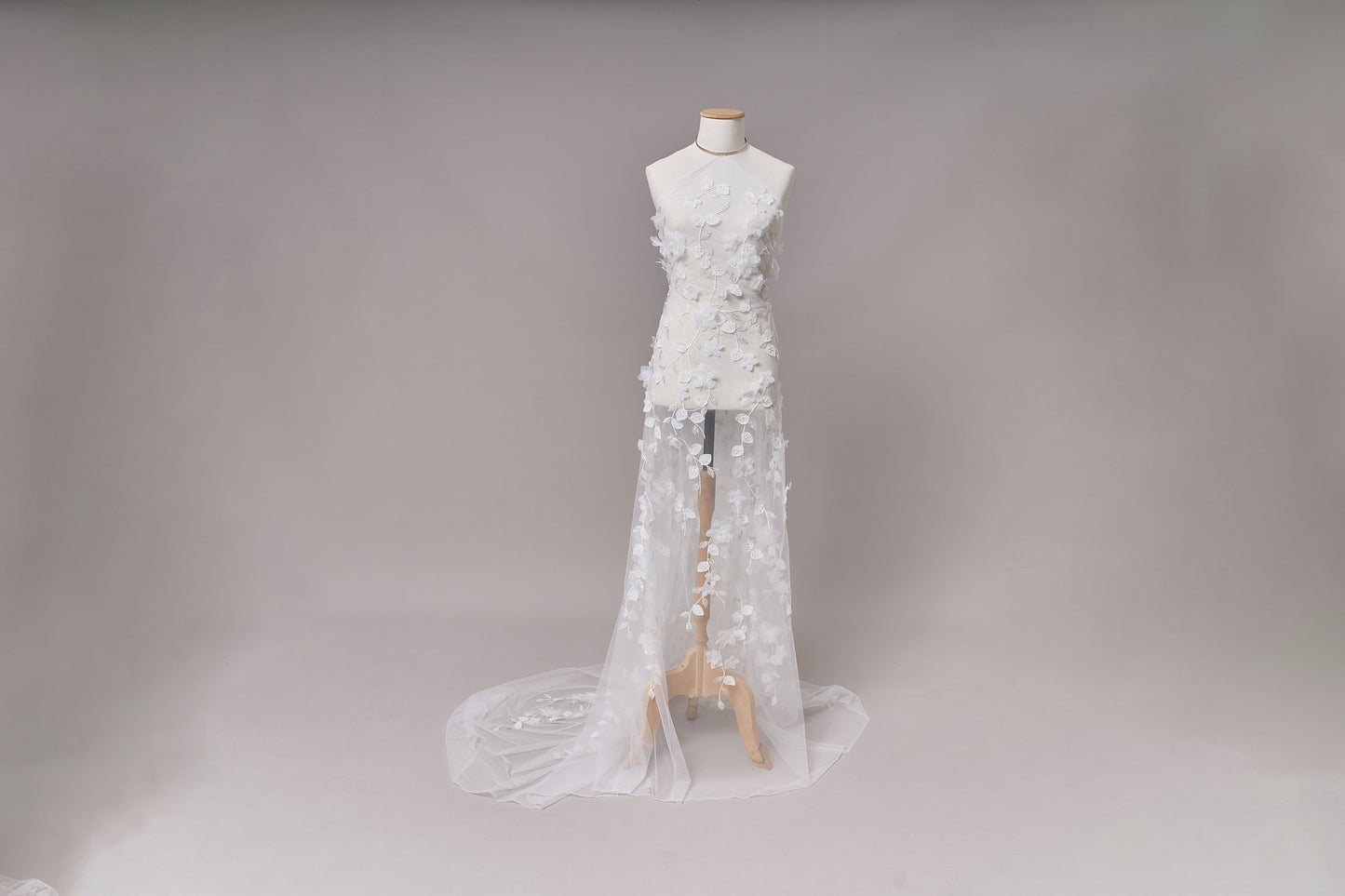 S0699 - Embroidered tulle with 3D organza flowers, 3D chiffon leaves, silver lurex thread, off-white beads, and transparent rhinestones